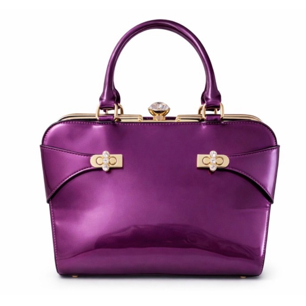 Brangio of Italy Purple Patent Leather Glam Gold Frame Rhinestone Top Handle Bag - Picture 1 of 12